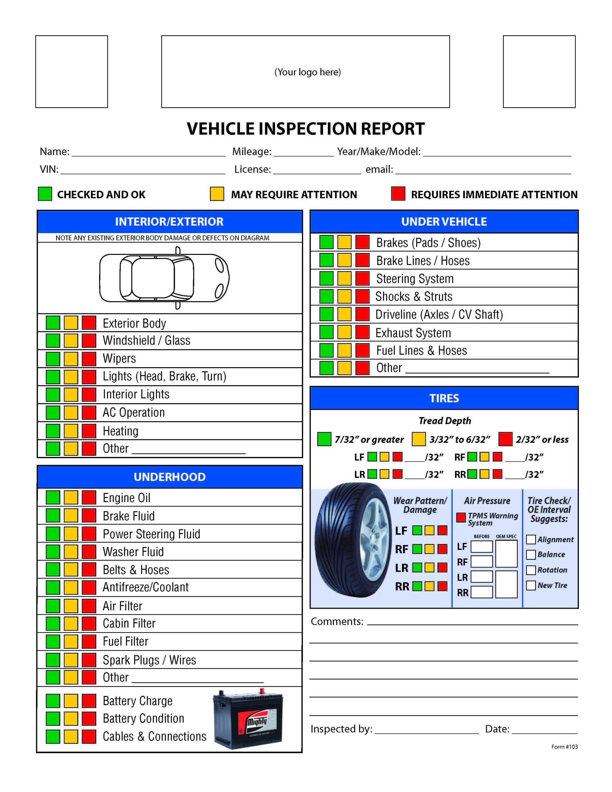 Free Vehicle Inspection Checklist Form | Vehicle Inspection Regarding Vehicle Inspection Report Template