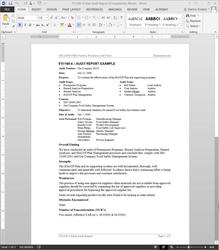 Fsms Audit Report Example Template | Fds1160 4 For Internal Audit Report Template Iso 9001