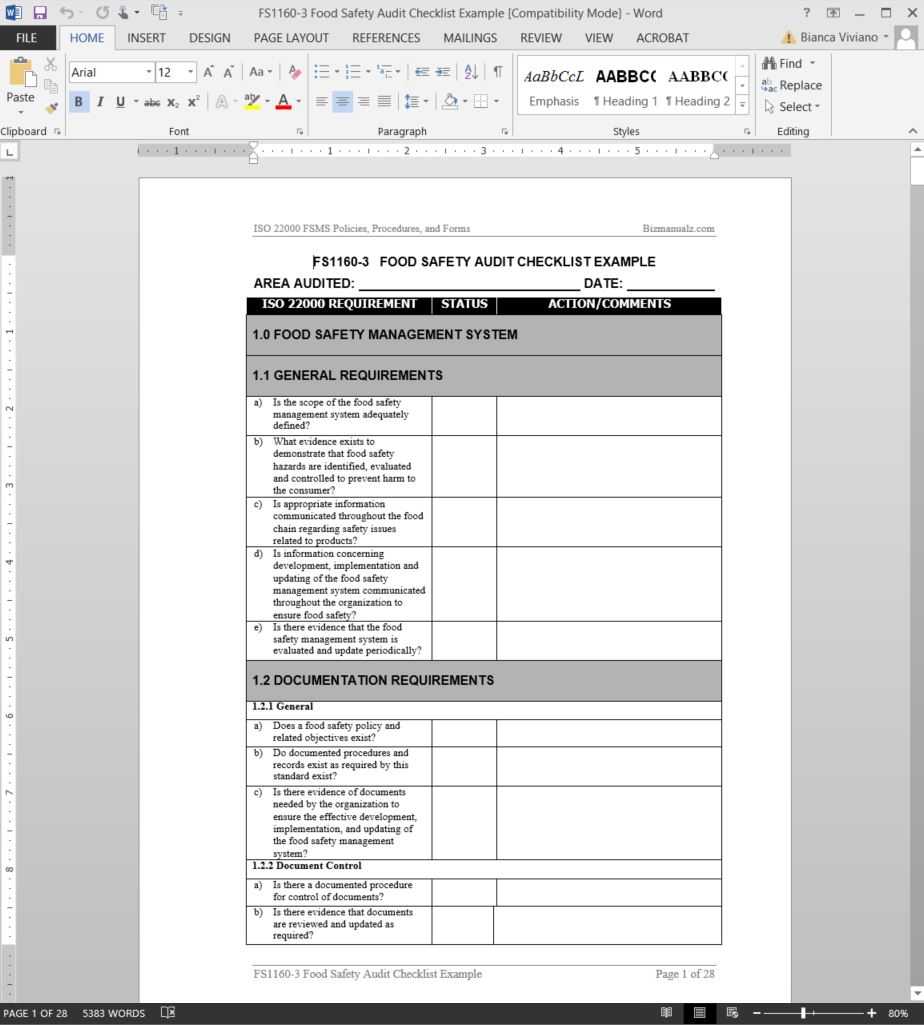 Fsms Food Safety Audit Checklist Template Fds1160 3 Within