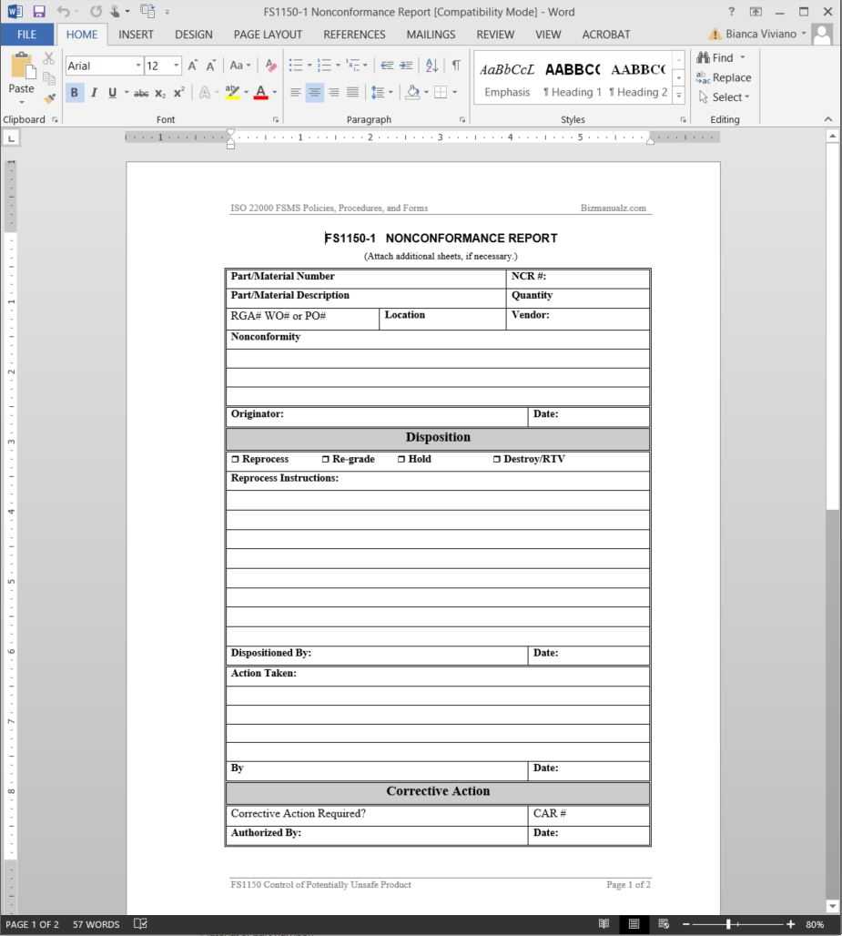 Fsms Nonconformance Report Template | Fds1150 1 In Ncr Report Template