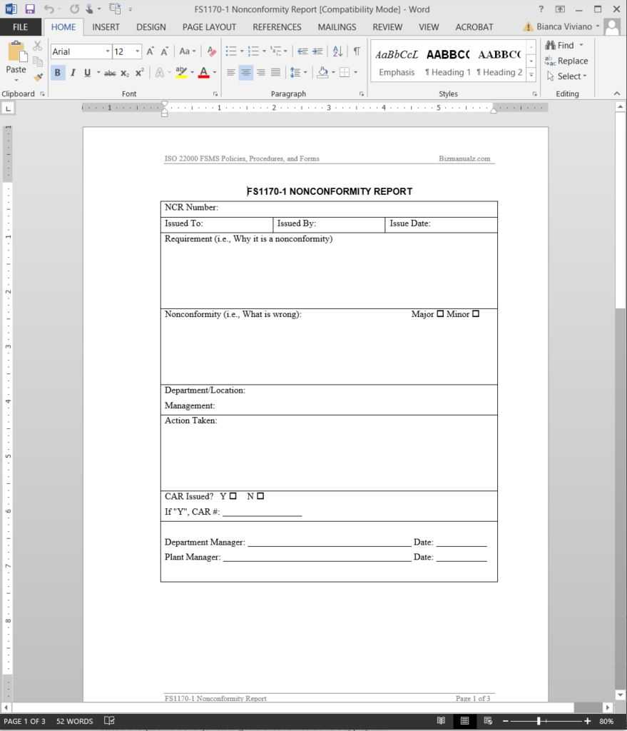 Fsms Nonconformity Report Template | Fds1170 1 Pertaining To Non Conformance Report Template