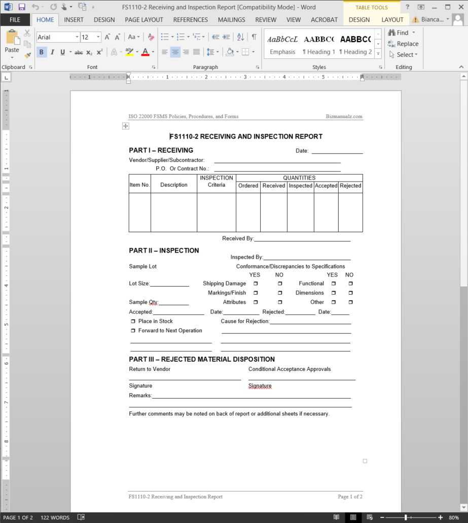 Fsms Receiving Inspection Report Template | Fds1110 2 For Part Inspection Report Template