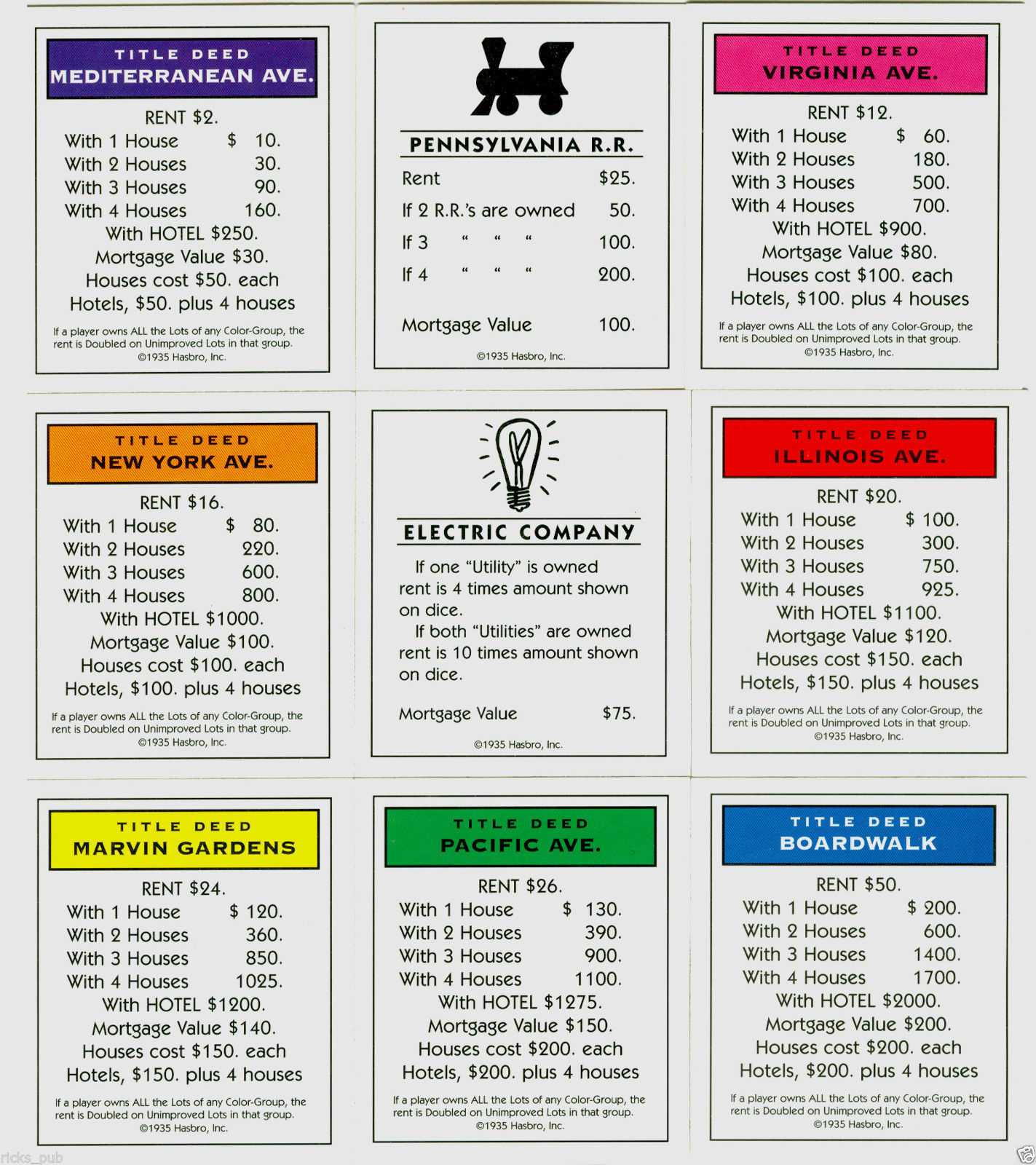 Original Monopoly Property Cards Printable