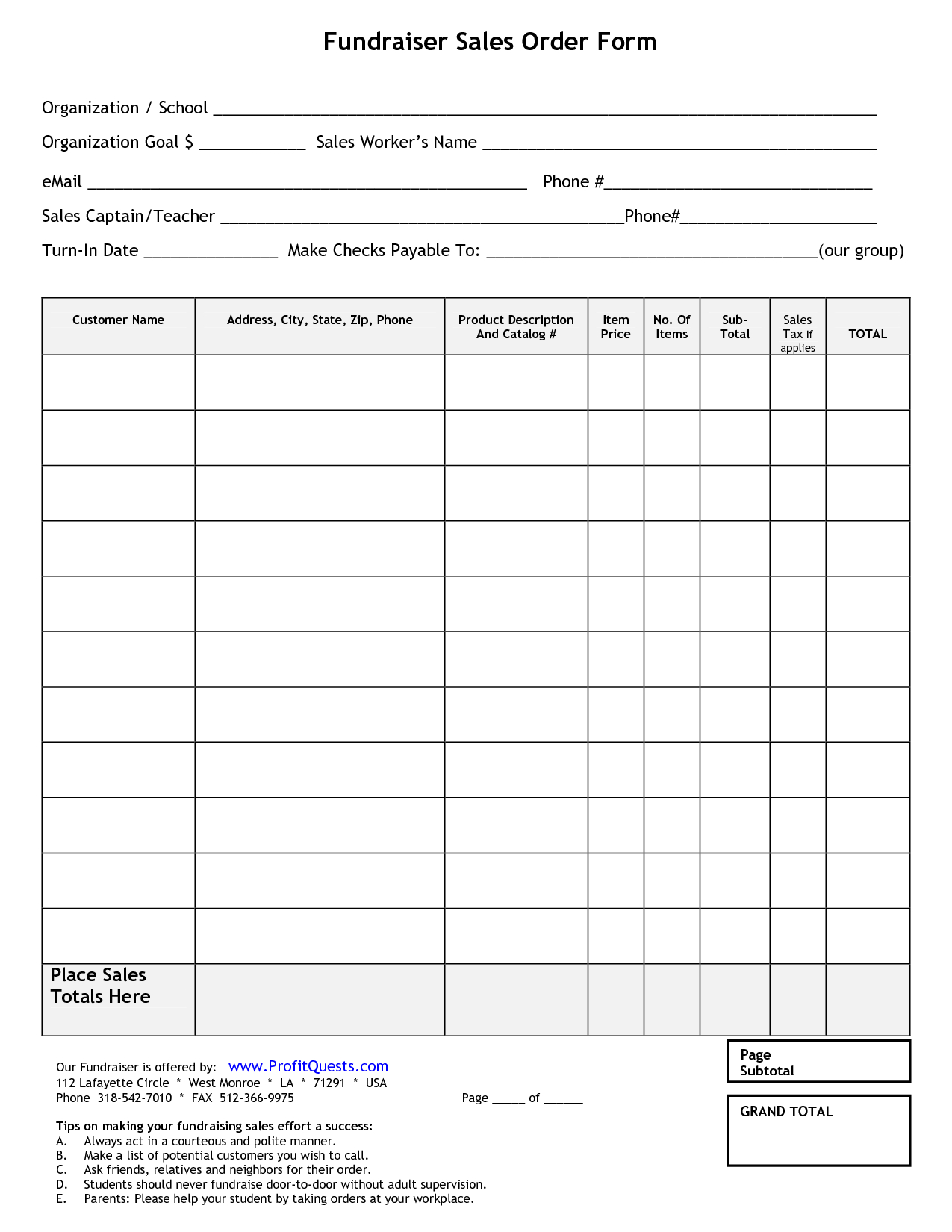 blank fundraiser order form template