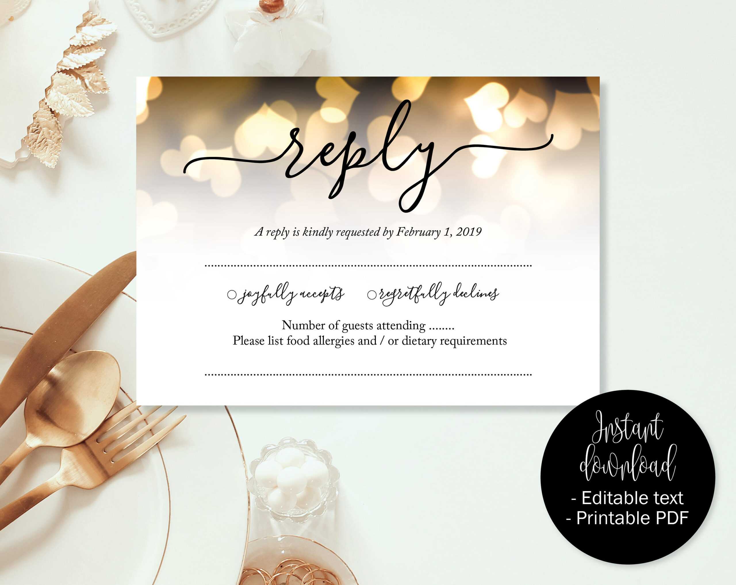 Gold Hearts Wedding Rsvp Cards, Wedding Reply Attendance Acceptance Cards,  Rsvp Template, Printable Editable Wedding, Download Rsvp Insert Throughout Acceptance Card Template