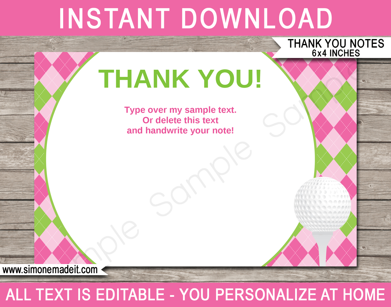 Golf Birthday Party Thank You Cards Template – Pink/green Intended For Thank You Note Card Template