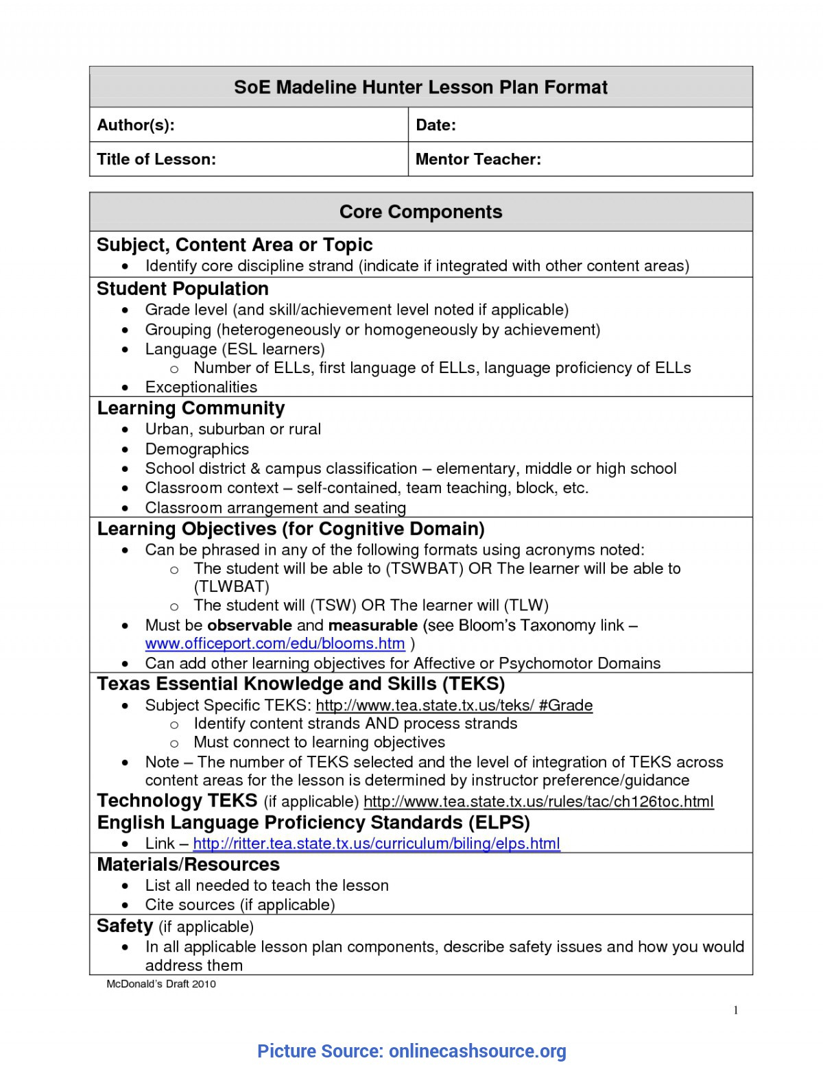 Great Lesson Plans For The Book Madeline Madeline Hunter Pertaining To Madeline Hunter Lesson Plan Template Word