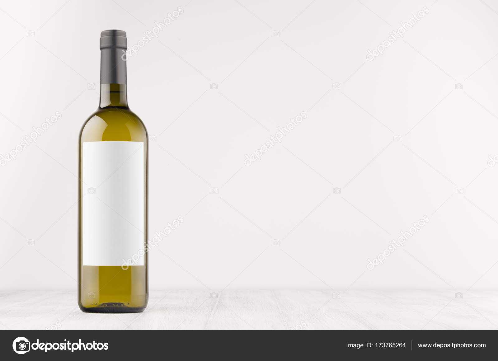 Green Wine Bottle With Blank White Label On White Wooden For Blank Wine Label Template