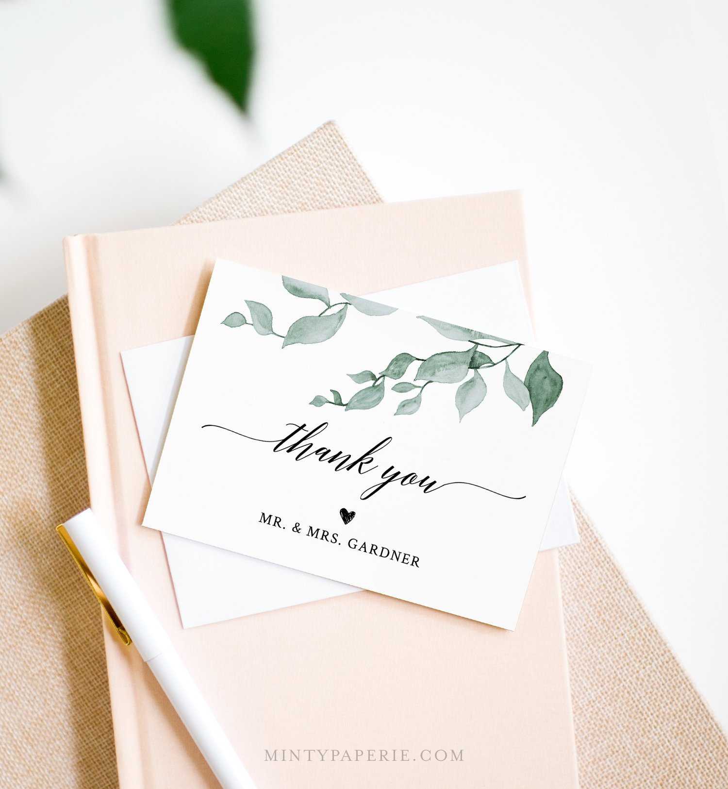 Greenery Thank You Note Card Template, Folded Wedding Or Pertaining To Thank You Note Card Template