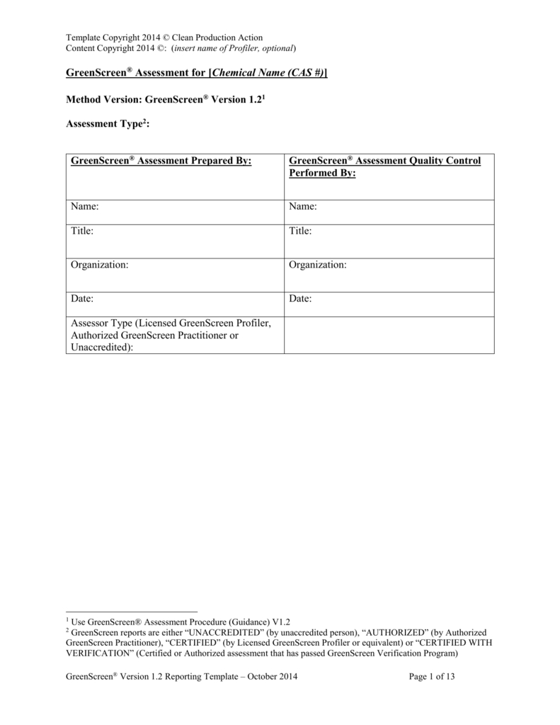 Greenscreen® Assessment Report Template Intended For Data Quality Assessment Report Template