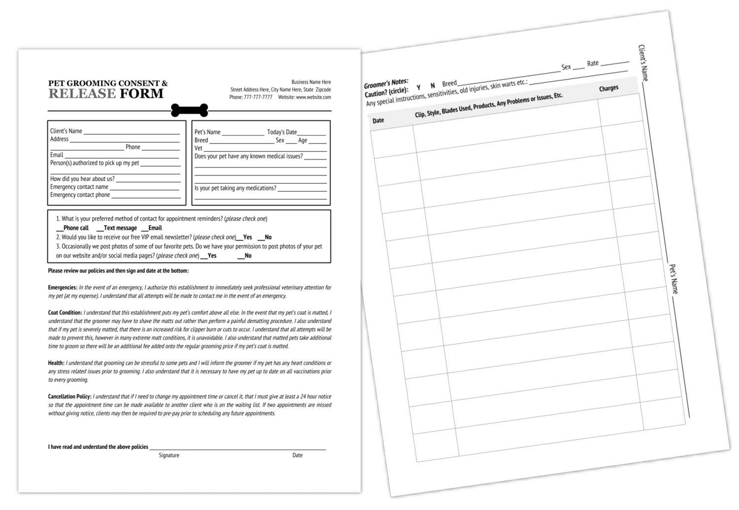 Grooming Release Form Template & Printable Pdf Within Dog Grooming Record Card Template