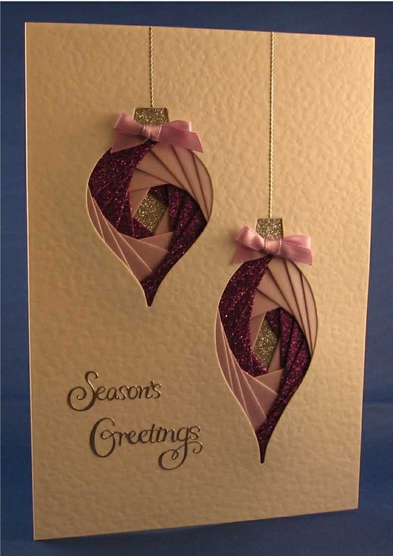 Handmade Christmas Card  Two Baubles With Pink And Purple With Iris Folding Christmas Cards Templates