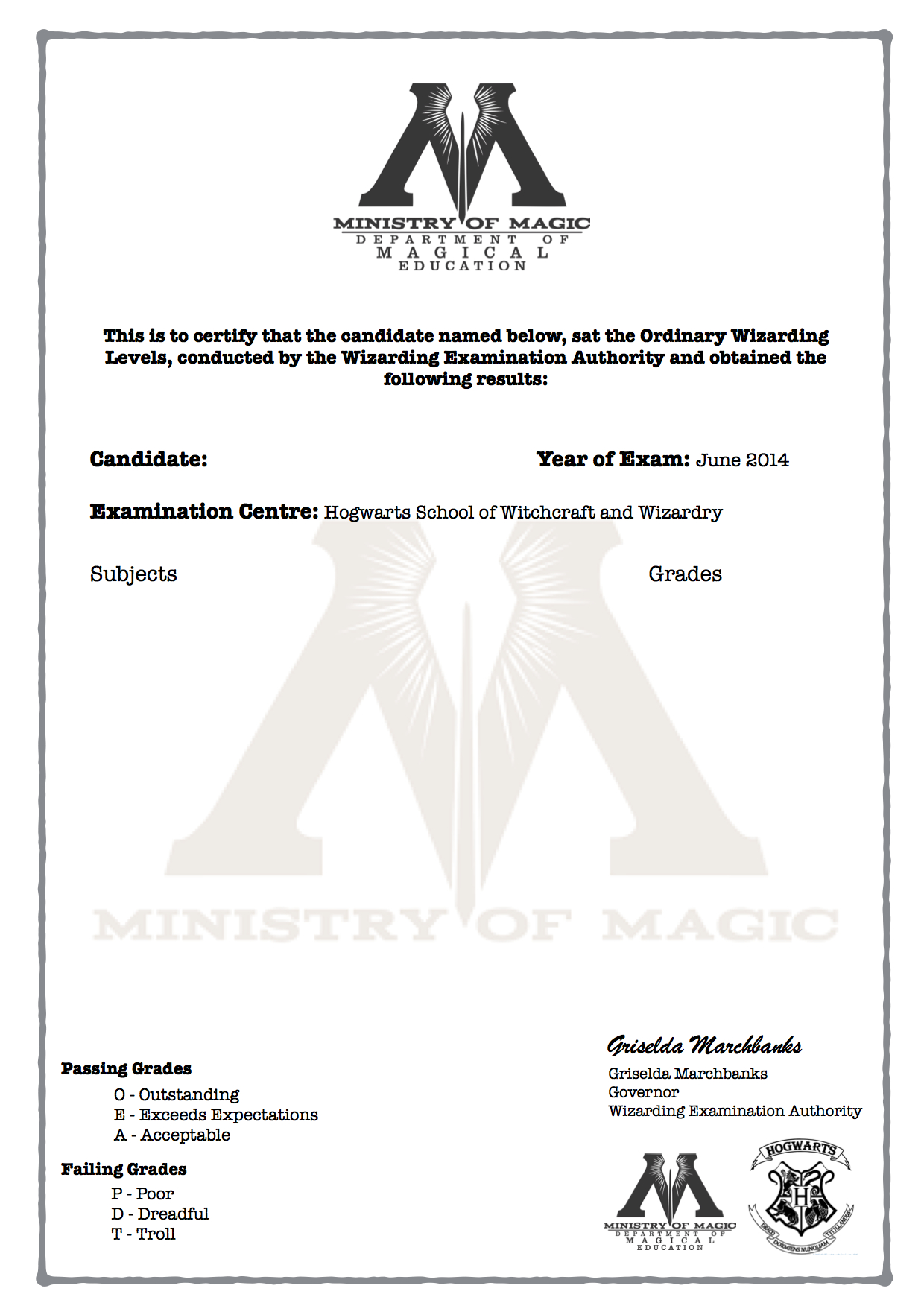 Harry Potter O.w.l's Certificate Blank Template! | Harry Pertaining To Harry Potter Certificate Template