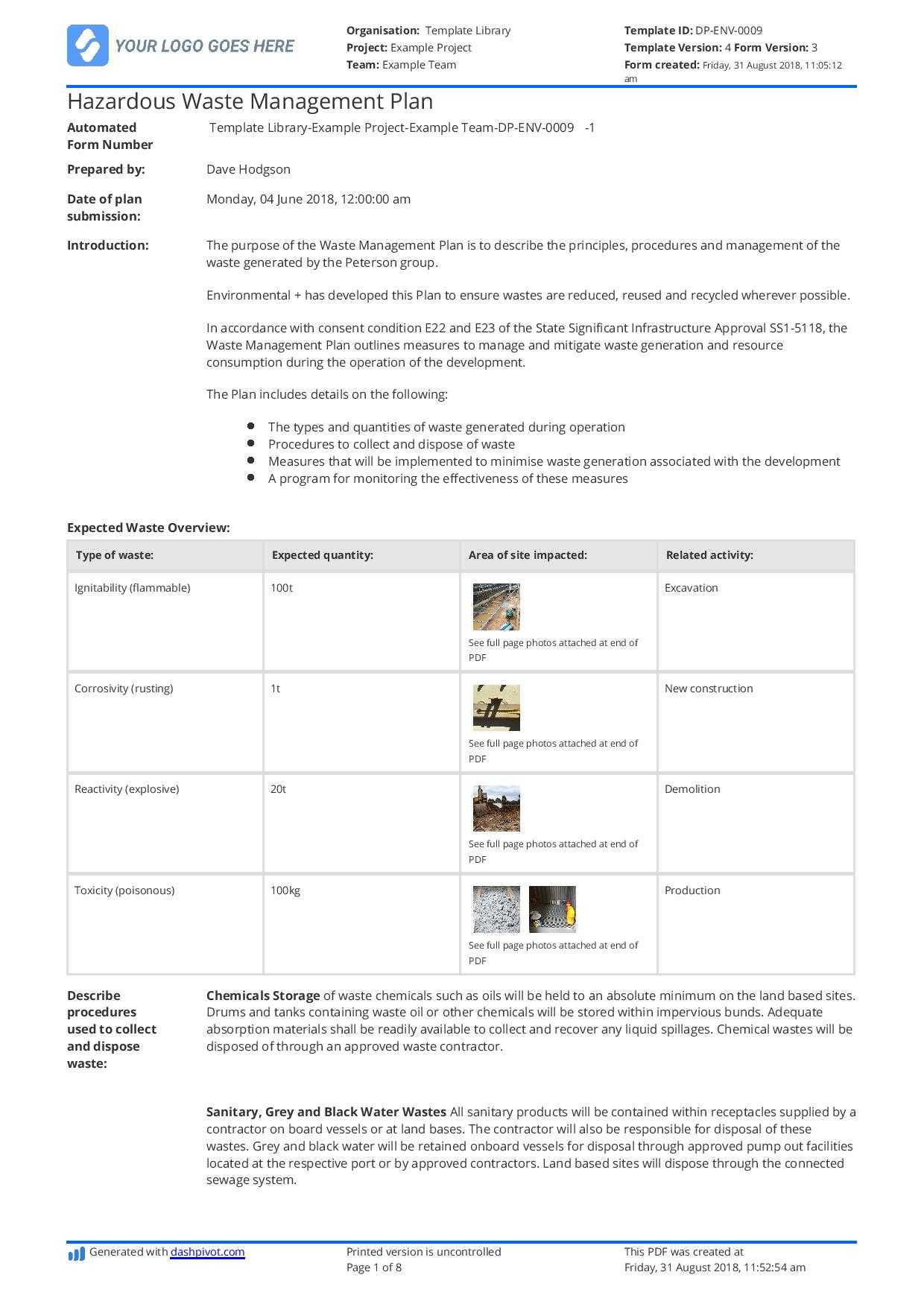 Hazardous Waste Management Plan Template – Free And Editable Within Waste Management Report Template