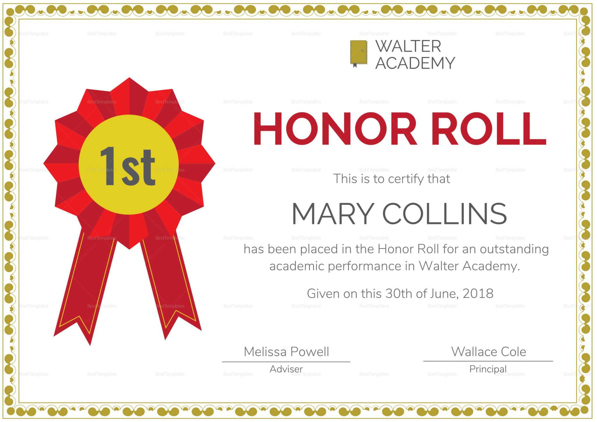 Honor Roll Certificate Template Free