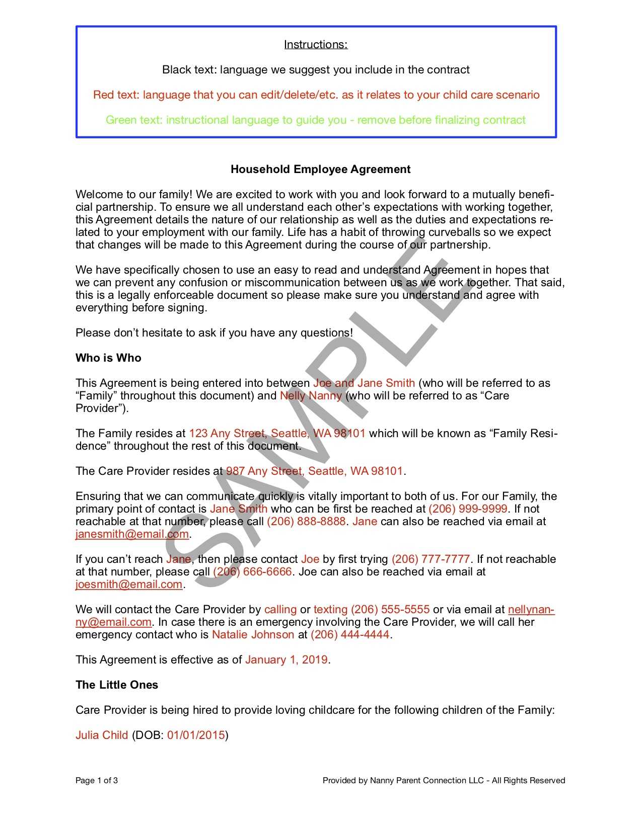 Household Employee Agreement | Nanny Parent Connection Pertaining To Nanny Contract Template Word