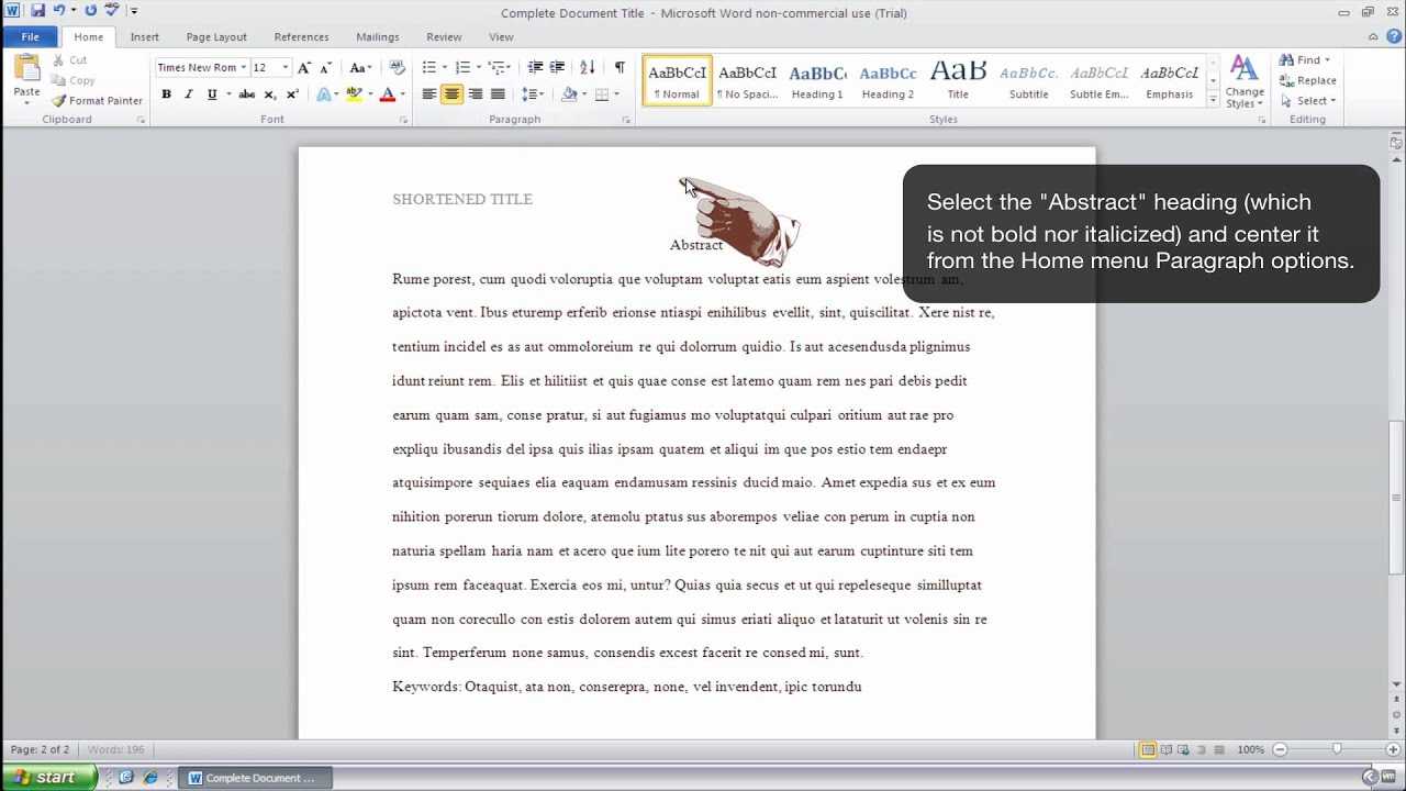 How To Format An Abstract Page In Apa Style – Ms Word 2010 (Windows) Throughout Apa Template For Word 2010