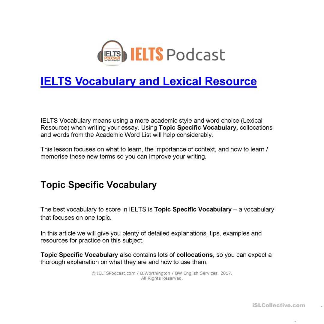 Ielts Vocabulary And Lexical Resource – English Esl Worksheets With Vocabulary Words Worksheet Template