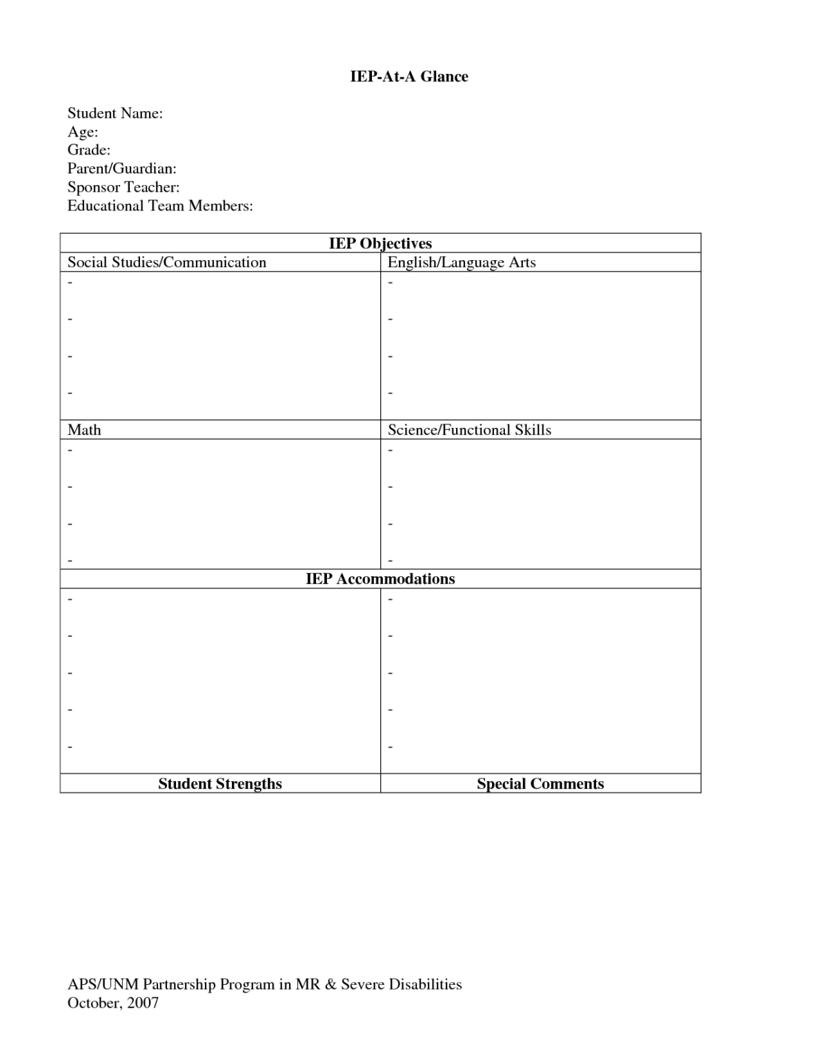 Iep At A Glance Template – | Special Education, School Regarding Blank