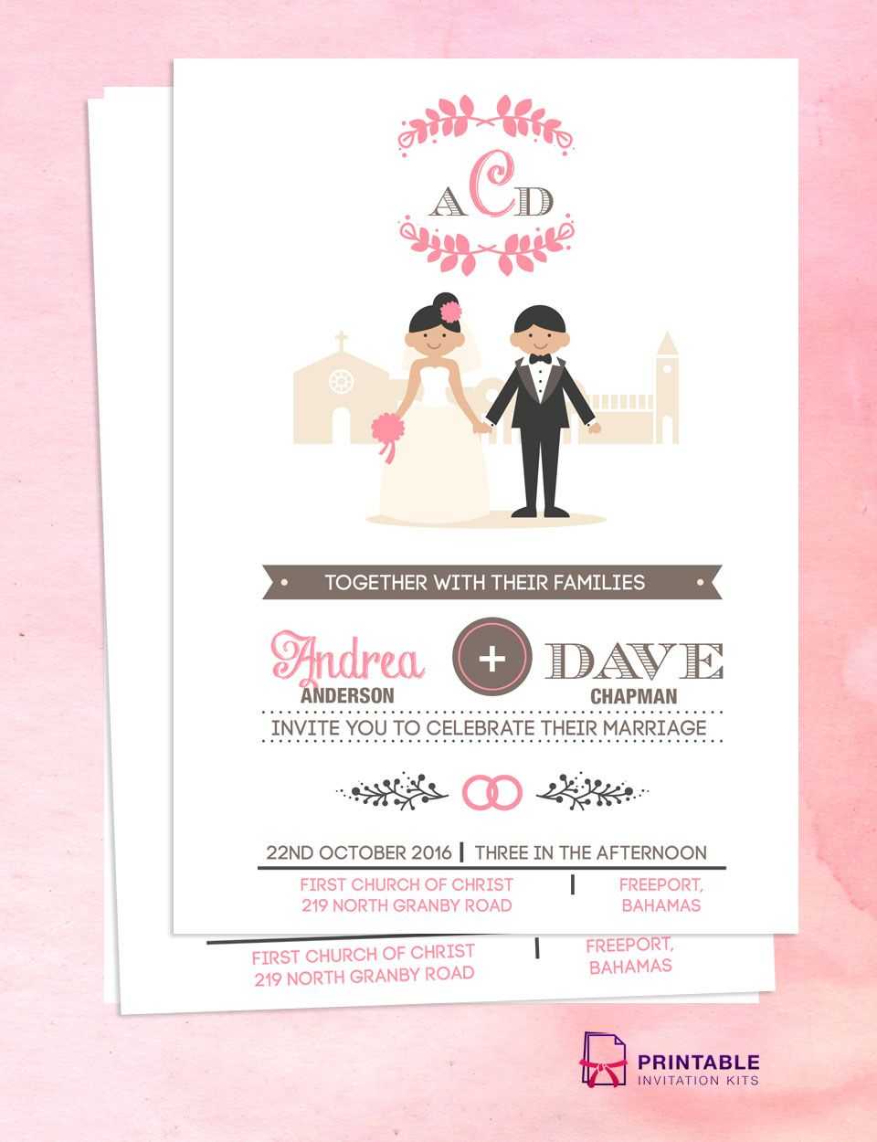 Illustrated Couple In Front Of Church Wedding Invitation For Church Wedding Invitation Card Template