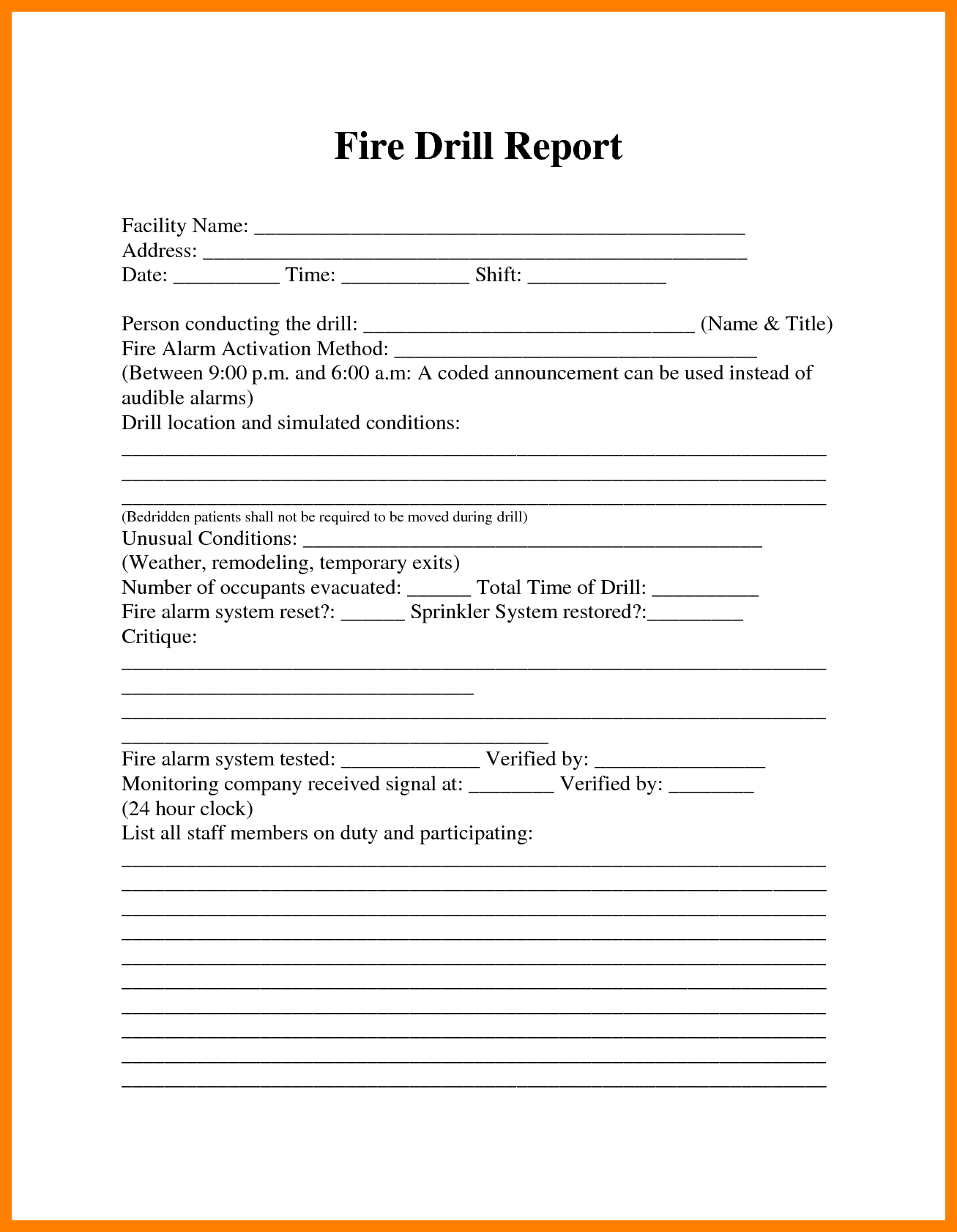 Image Result For Fire Drill Procedures For Summer Camp Regarding Emergency Drill Report Template