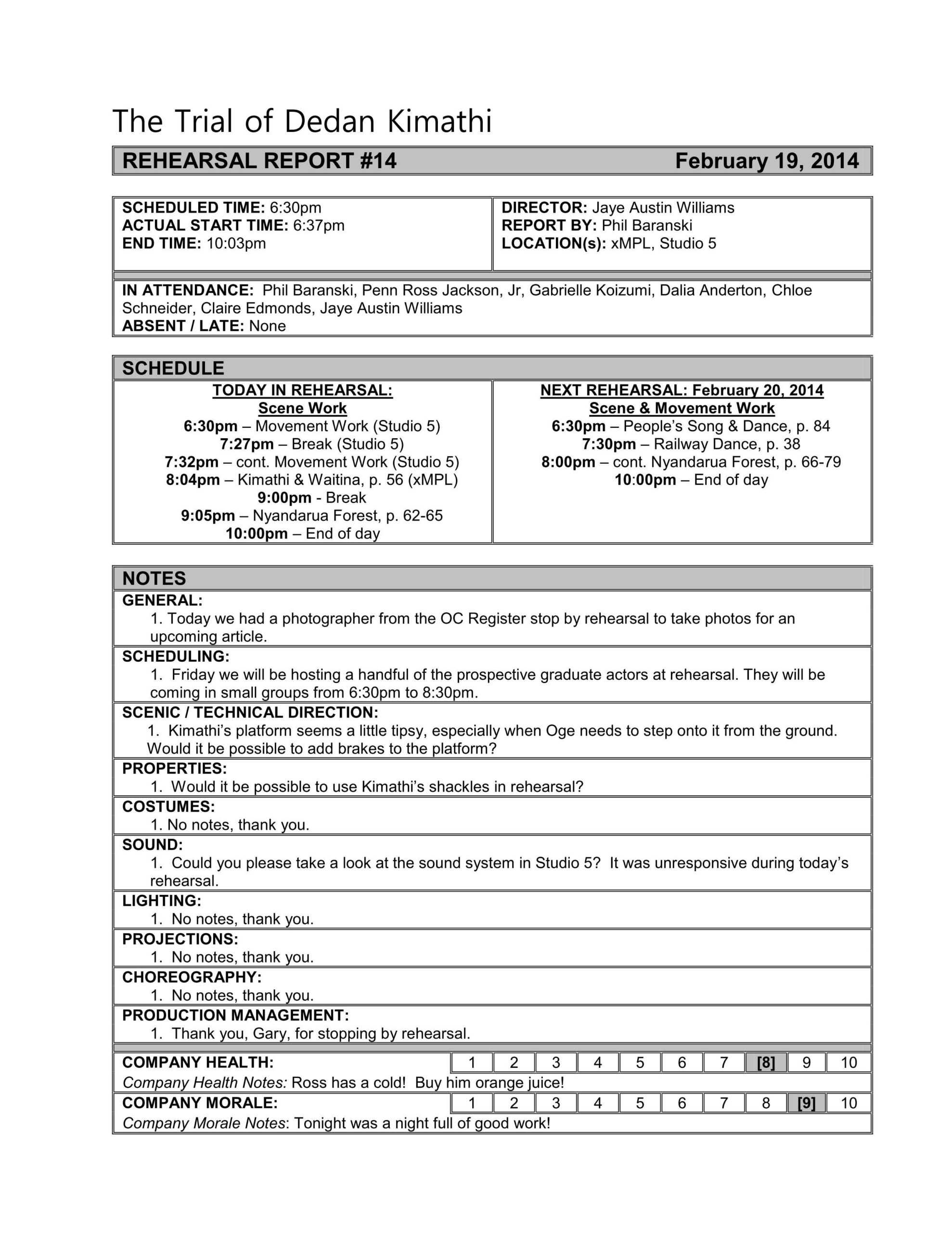 Image Result For Stage Manager Rehearsal Report | Drama In Rehearsal Report Template