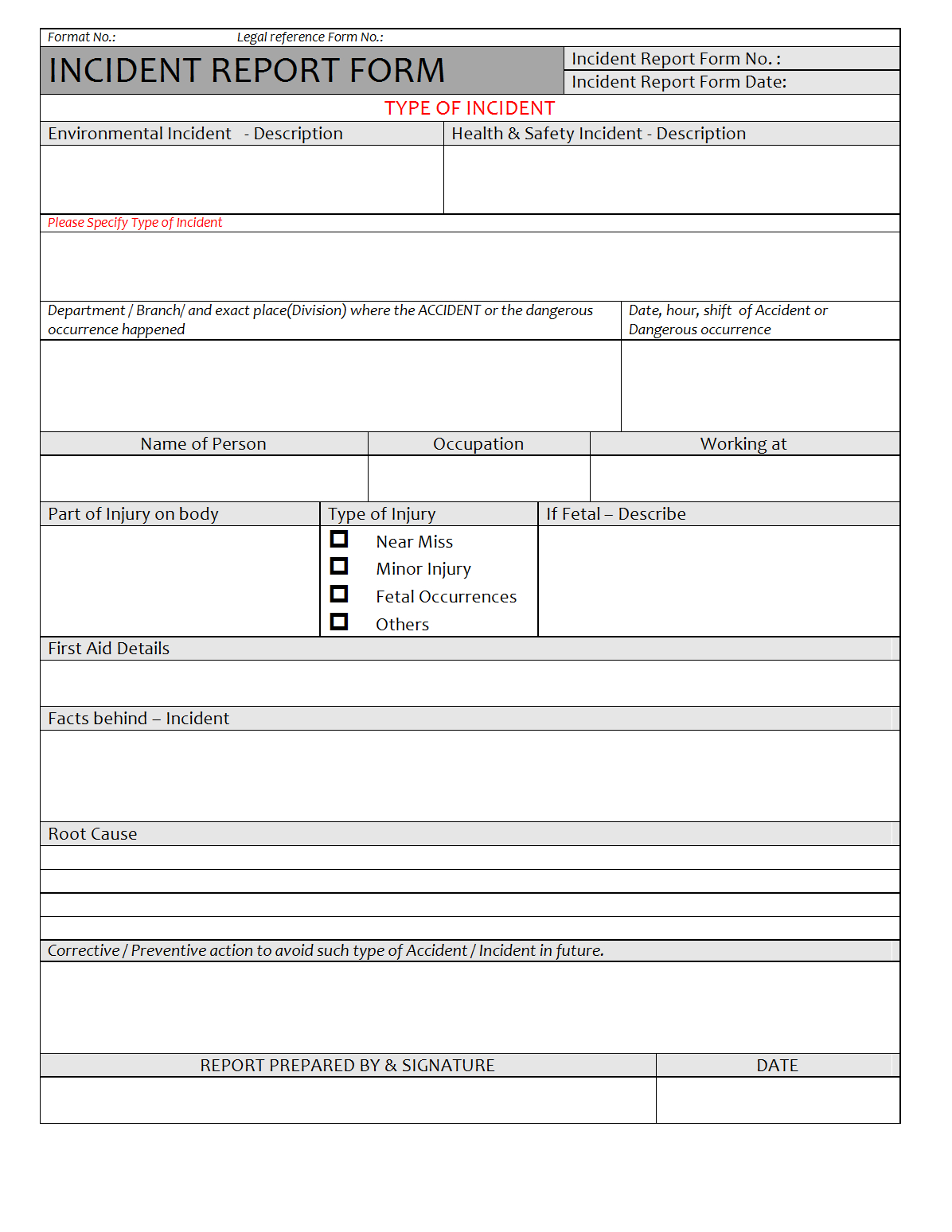 Incident Report Form – Regarding Incident Report Register Template