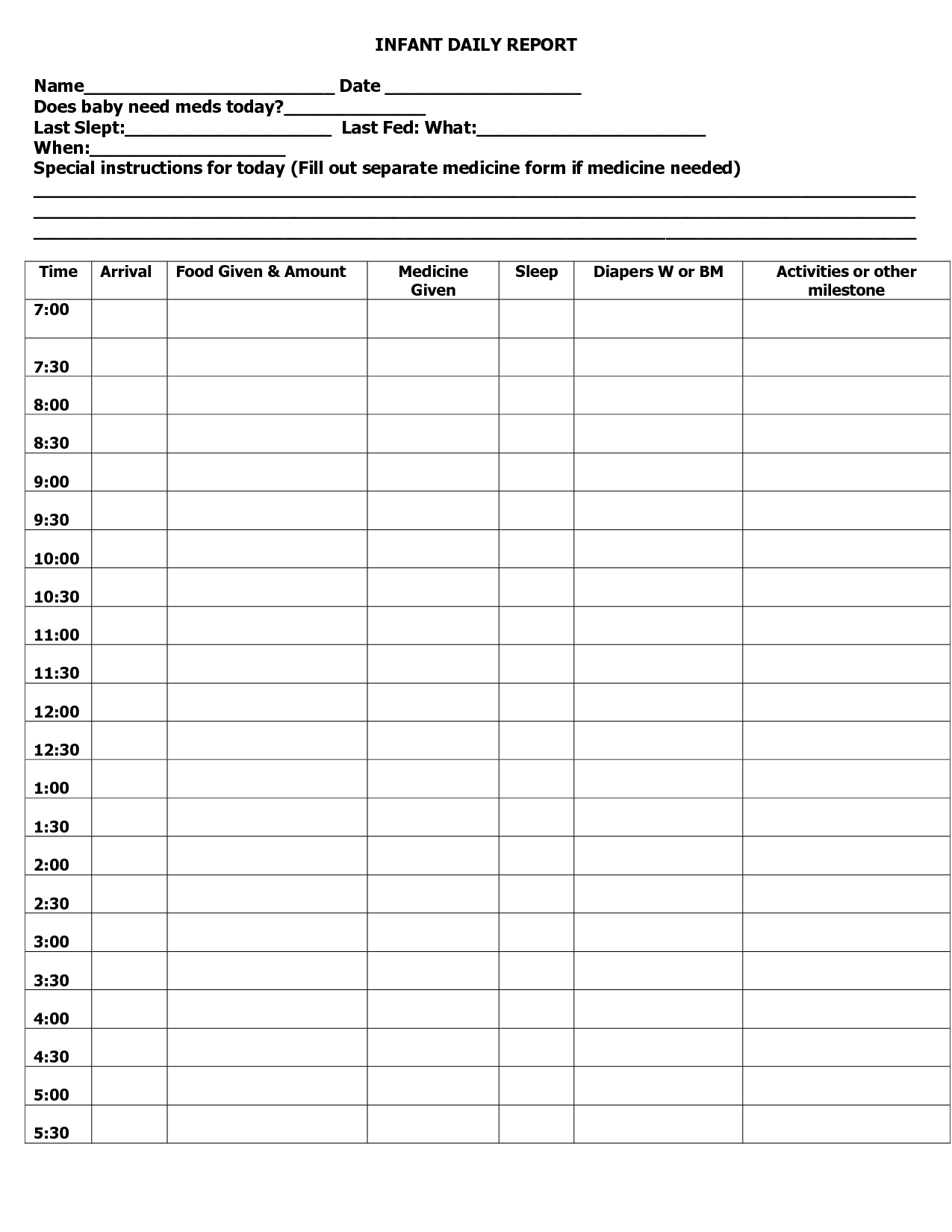 Infant Toddler Daily Report Sheets | Infant Daily Report In Daycare Infant Daily Report Template