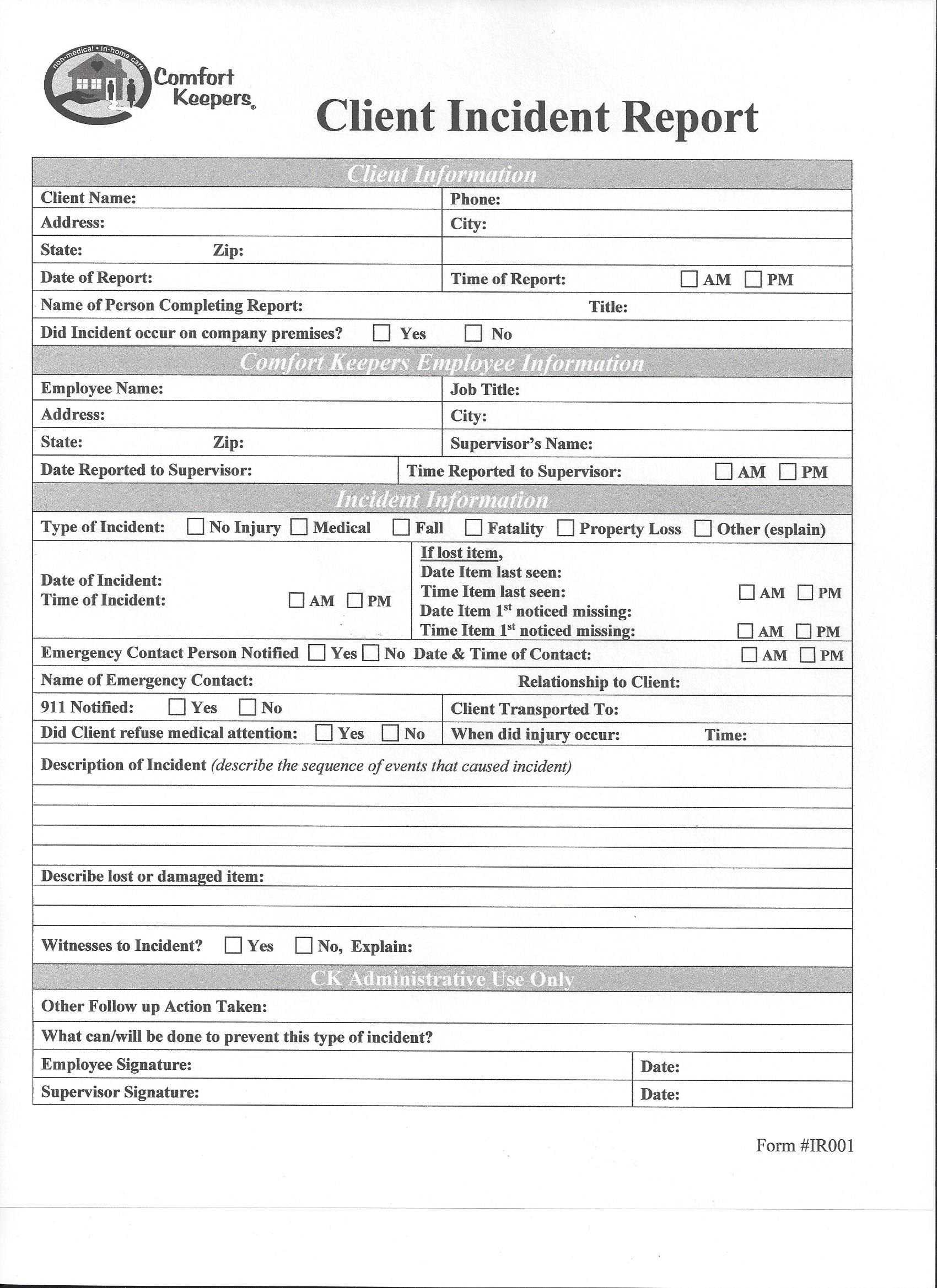 Injury Report Form Template Intended For Customer Incident Report Form Template