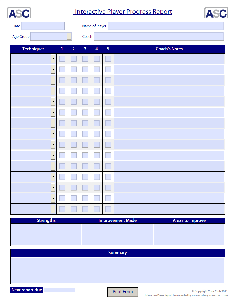 Interactive Player Report Form – Academy Soccer Coach | Asc In Coaches Report Template
