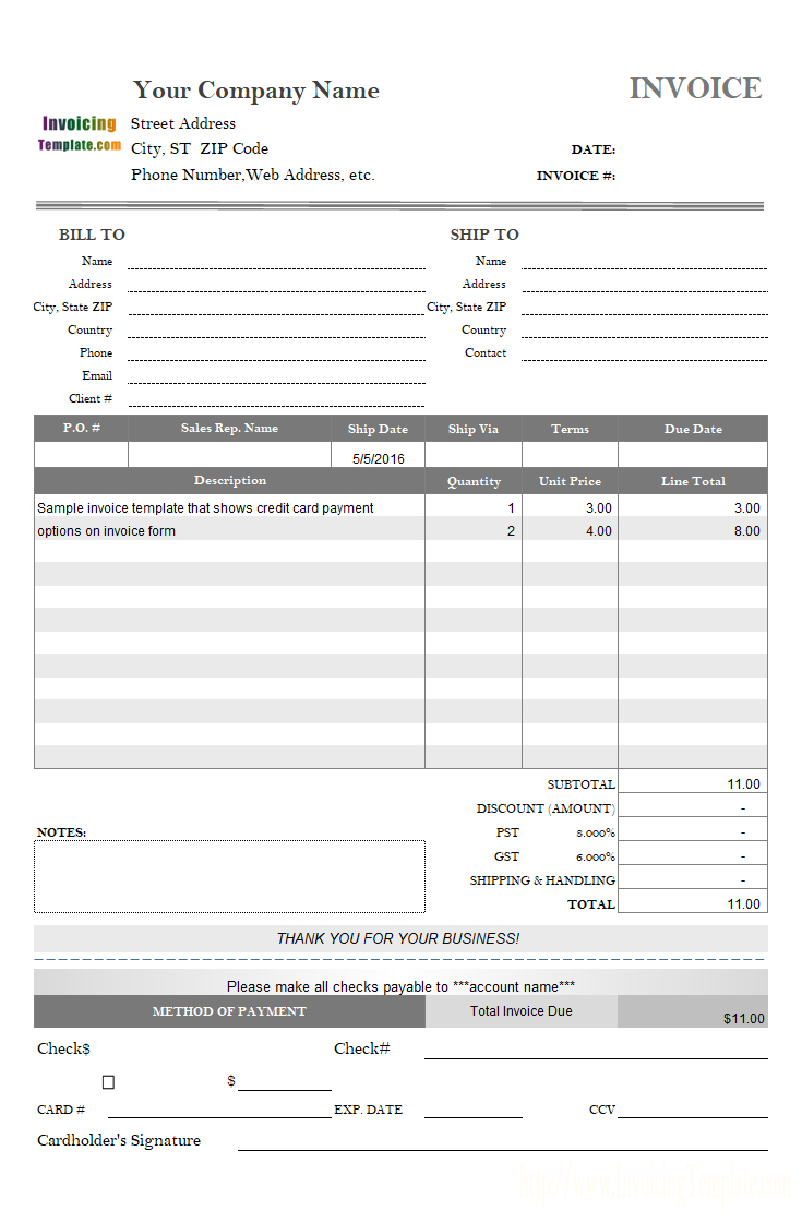 Invoice Template With Credit Card Payment Option Throughout Credit Card Receipt Template
