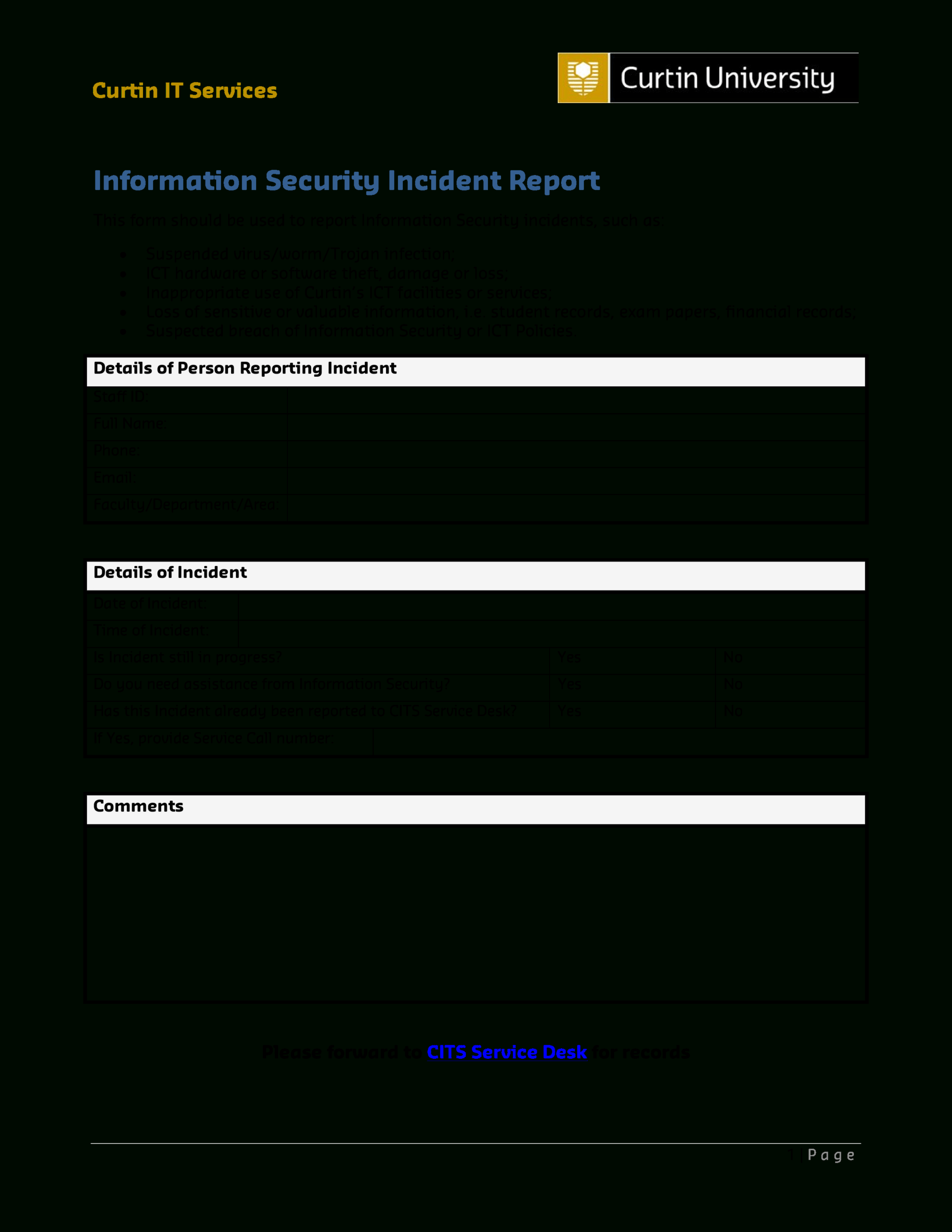 It Services Security Incident Report | Templates At For Technical Service Report Template