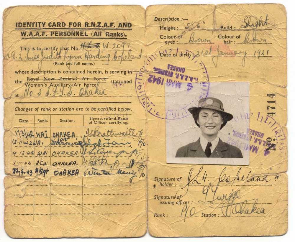 Judith Lynn Copeland – Online Cenotaph – Auckland War Inside World War 2 Identity Card Template
