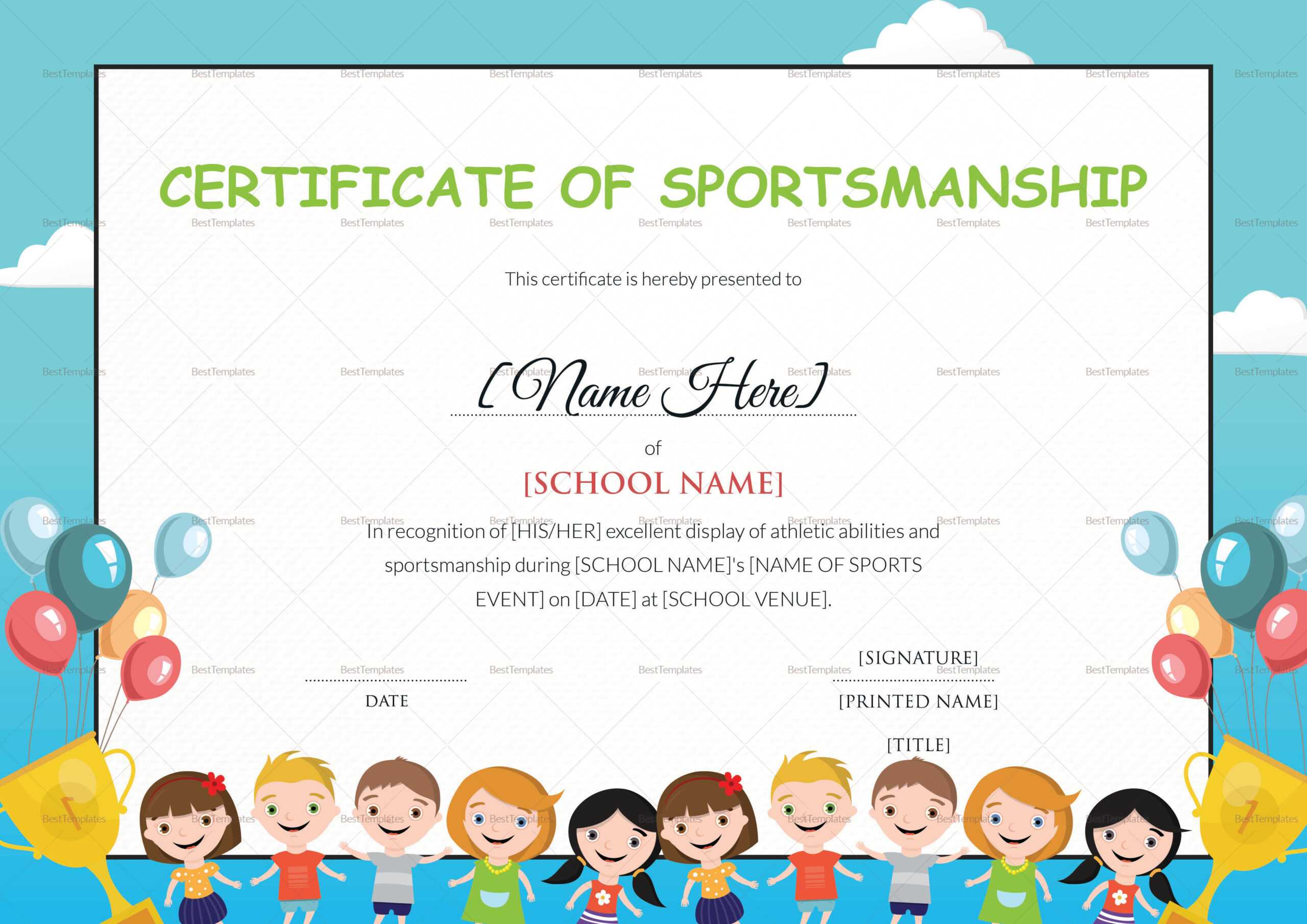 Kids Sportsmanship Certificate Template With Regard To Children's Certificate Template