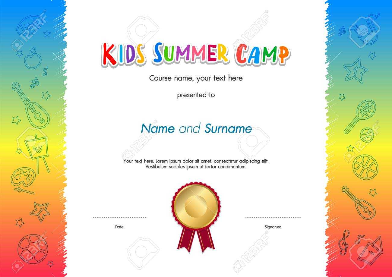 Kids Summer Camp Diploma Or Certificate Template Award Seal With.. Pertaining To Summer Camp Certificate Template