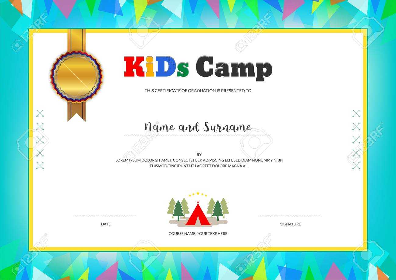 Kids Summer Camp Diploma Or Certificate Template With Colorful.. Intended For Summer Camp Certificate Template