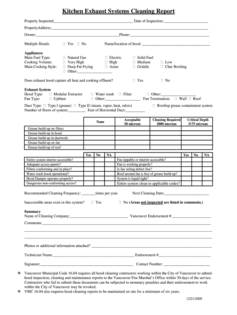 Kitchen Hood Cleaning Report – Fill Online, Printable Inside Cleaning Report Template
