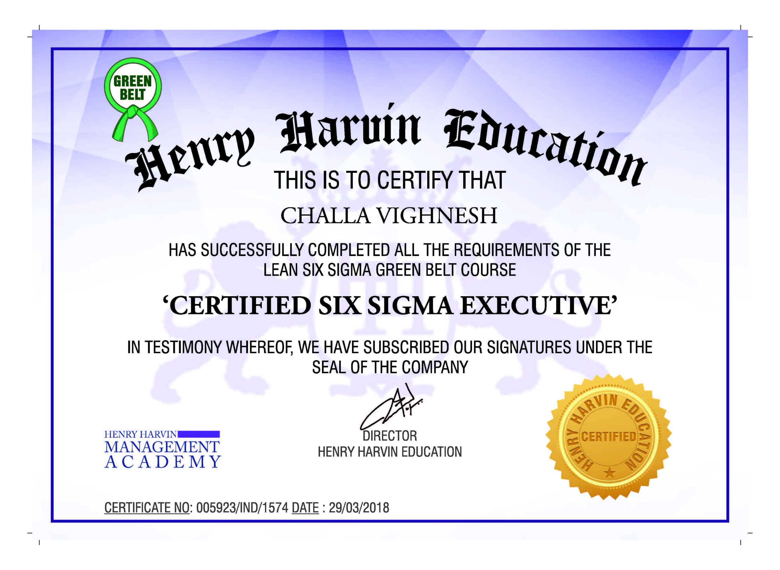 Lean Six Sigma Green Belt Certificationhenry Harvin Within Green Belt Certificate Template