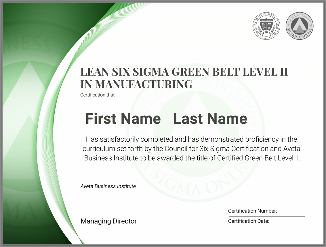 Lean Six Sigma Green Belt Level Ii Certification In Manufacturing With Regard To Green Belt Certificate Template