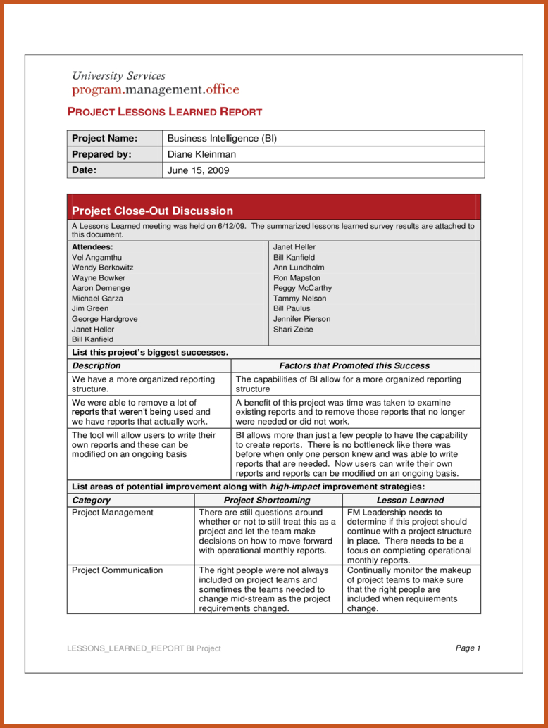Lessons Learned Template Project Lessons Learned Report D1 Throughout Prince2 Lessons Learned Report Template
