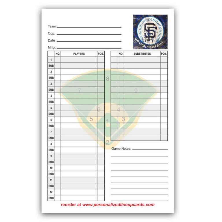 33 Printable Baseball Lineup Templates [Free Download] ᐅ with Free Baseball Lineup Card Template