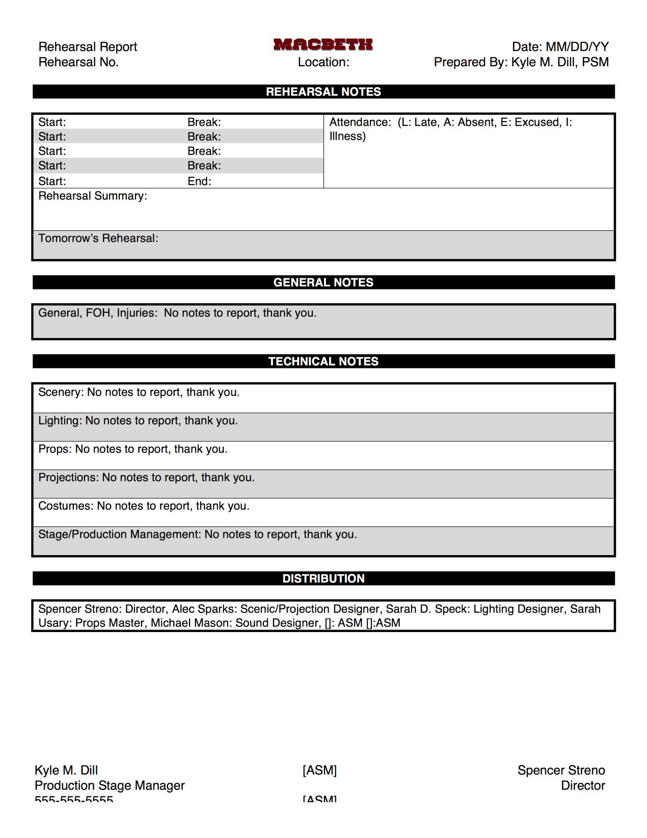 Macbeth@su Production Blog — Here's The Template For Our Regarding Rehearsal Report Template