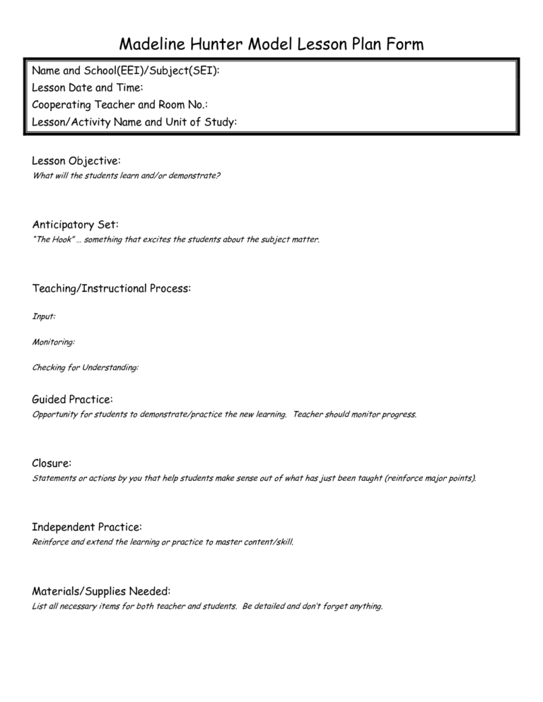 Madeline Hunter Lesson Plan Blank Template
