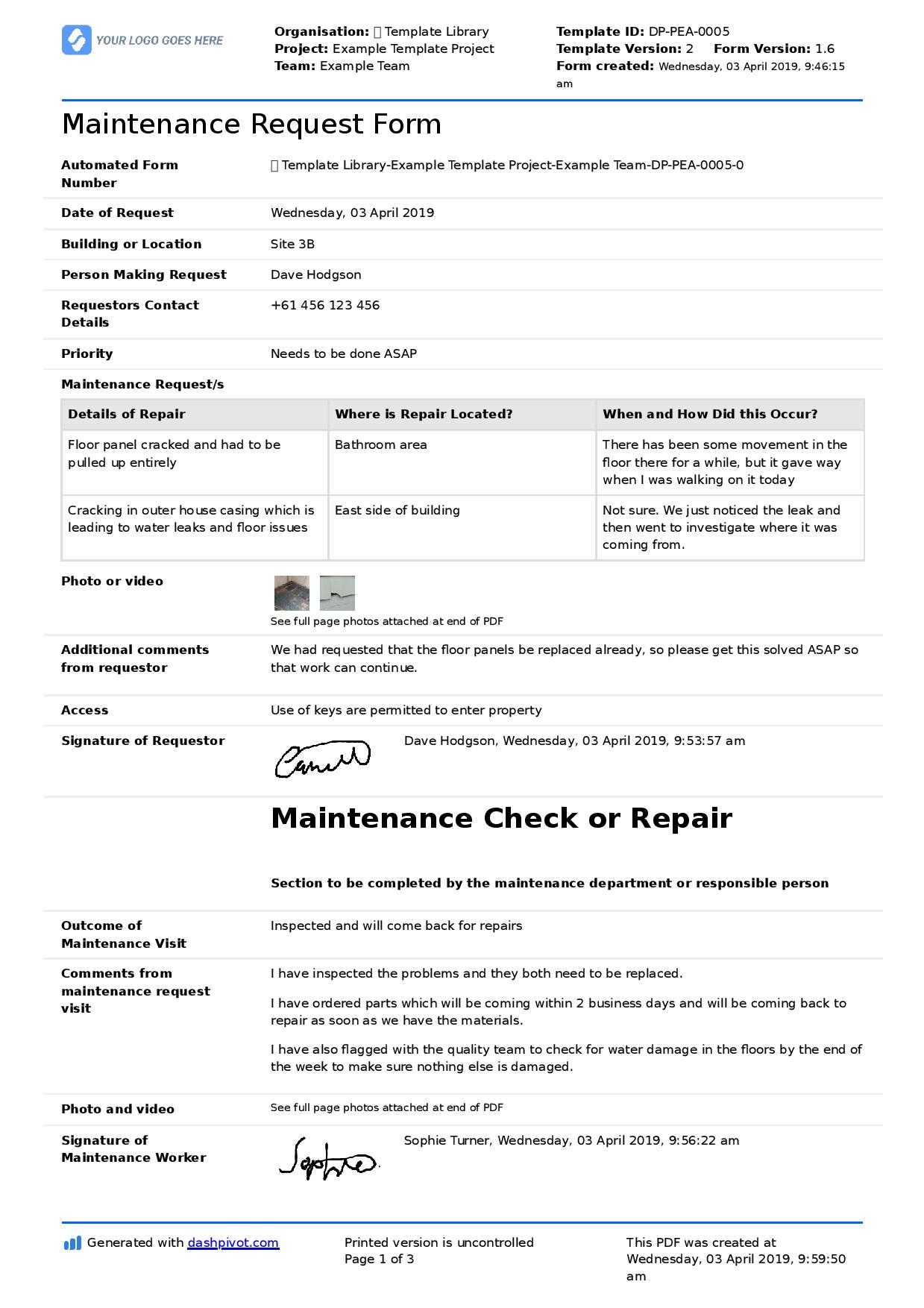 Maintenance Request Form Template (Better Than Pdf And Excel) With Computer Maintenance Report Template