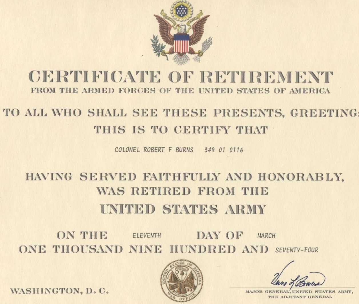 Major Robert F. Burns – Army Retirement Certificate For With Retirement Certificate Template