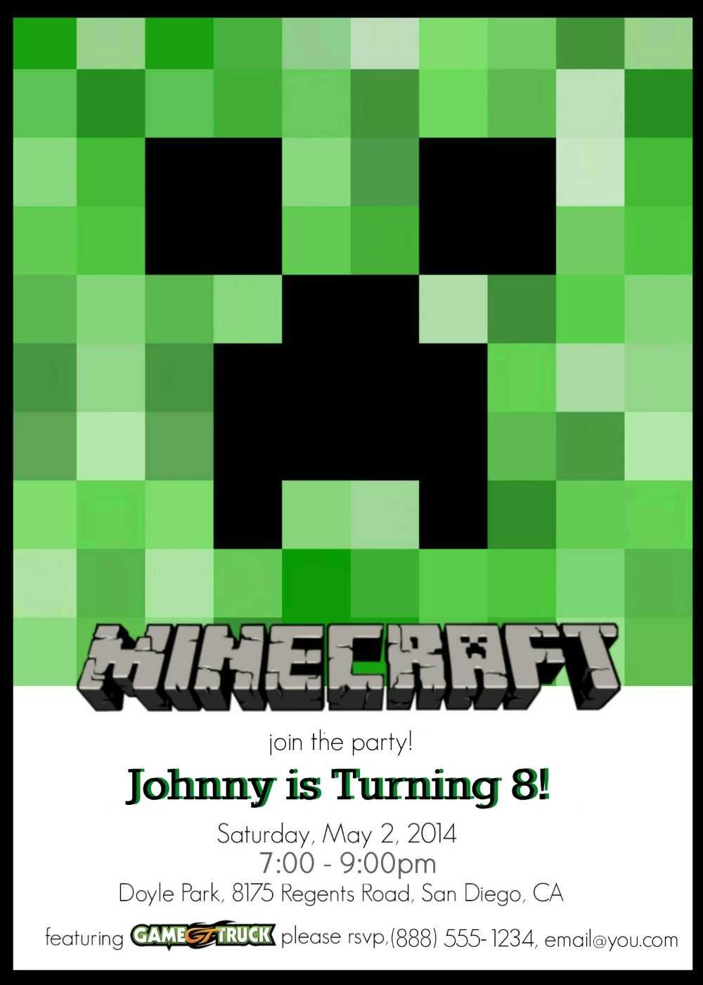 Make Your Own Custom Printable Minecraft Party Invitations Inside Minecraft Birthday Card Template
