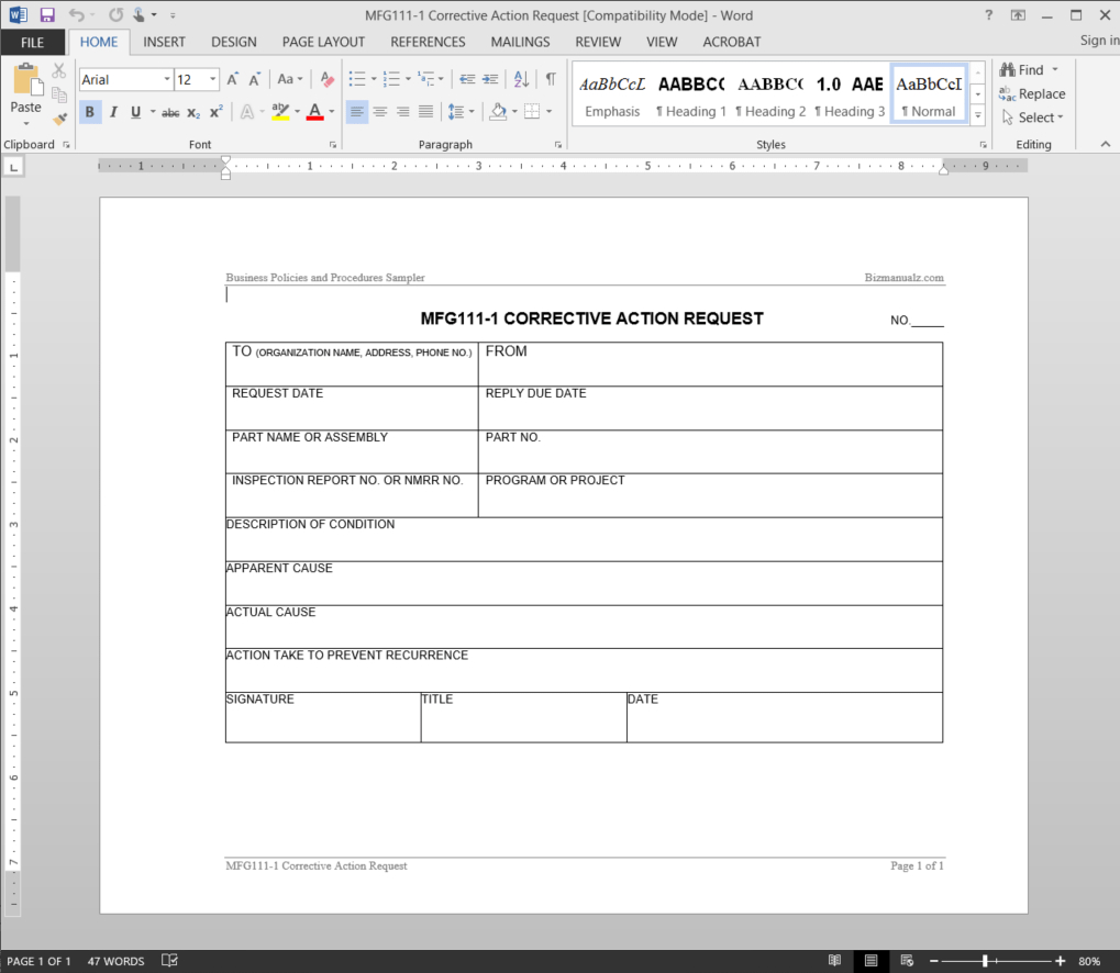 Manufacturing Corrective Action Request Template | Mfg111 1 Within Corrective Action Report Template