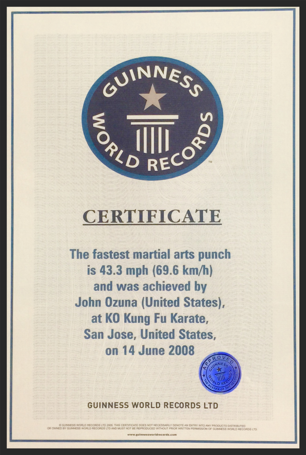 Master John Ozuna — Ko Kung Fu With Guinness World Record Certificate Template