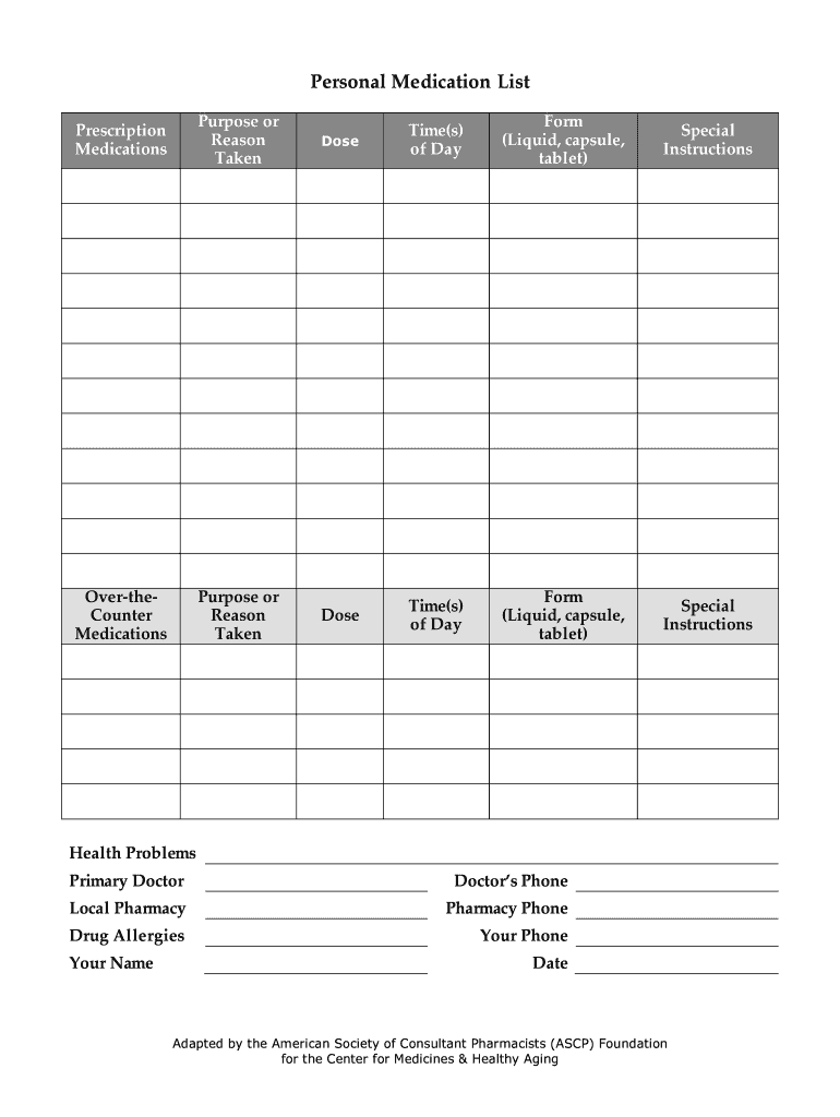 Medication List Template Fillable – Fill Online, Printable Regarding Blank Medication List Templates