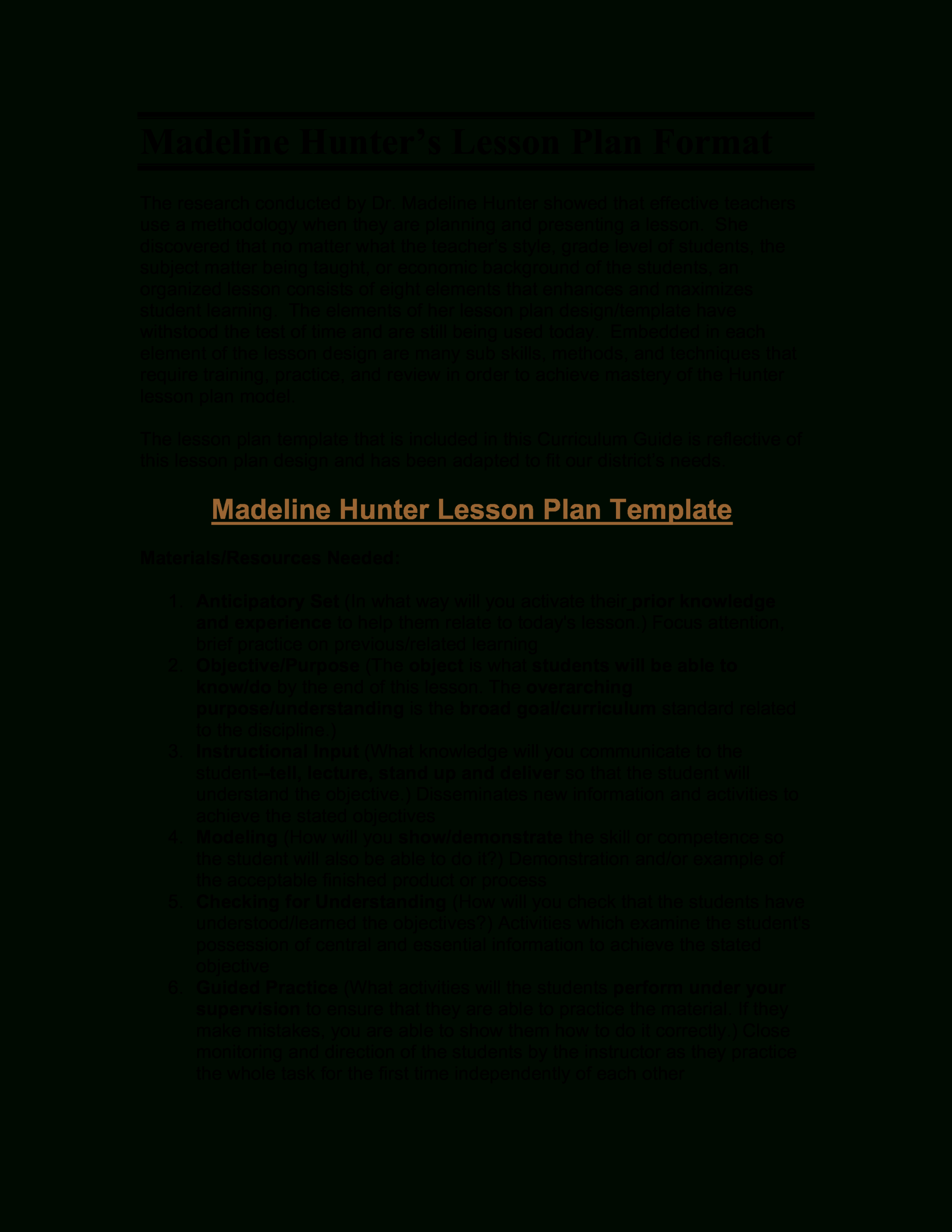 Microsoft Word – Madeline Hunter's Lesson Plan Format Inside Madeline Hunter Lesson Plan Template Word